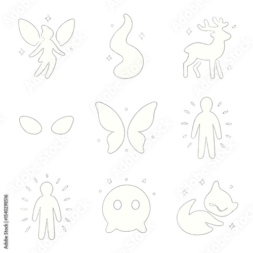 Glowing Fantasy Icons. Solid, filled icons set of fantasy glowing beings: light fairy, energy wisp, spirit