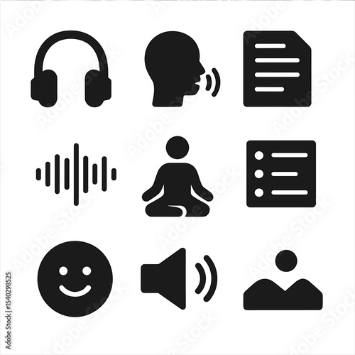 Guided Meditation Icons. Solid, filled icons set of guided meditation and audio: headphones, voice icon,