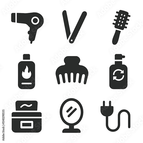 Hair Styling Essentials. Solid, filled icons set of hair styling at the vanity: hairdryer, flat iron, round