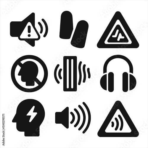 Hearing Protection Icons. Solid, filled icons set of harmful noise and hearing protection: loudspeaker alert,