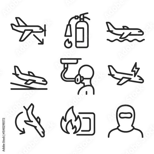 Emergency Procedure Icons. Outline icon set of emergency procedures: engine failure drill, fire extinguisher use, ditching