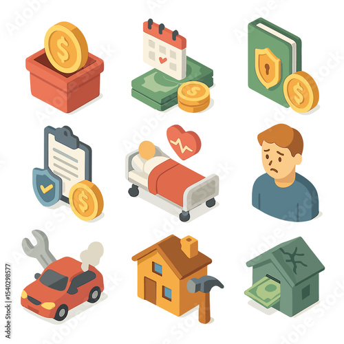 Emergency Fund Icon Set. Isometric Flat icon set of emergency fund components: initial deposit, monthly contribution, interest