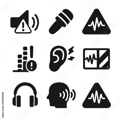 Hearing Protection Icons. Solid, filled icons set of harmful noise and hearing protection: loudspeaker alert,