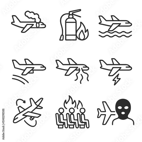 Emergency Procedure Icons. Outline icon set of emergency procedures: engine failure drill, fire extinguisher use, ditching