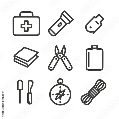 Emergency Survival Kit Icons. Outline icon set of emergency survival pack: first aid kit, flashlight, whistle, emergency blanket,