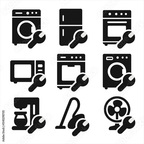 Home Appliance Icons. Solid, filled icons set of home appliance repair services: washing machine, refrigerator