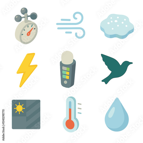 Environmental Icons Grid. Isometric Flat icon set of environmental factors: wind speed gauge, turbulence gust icon, ice accretion
