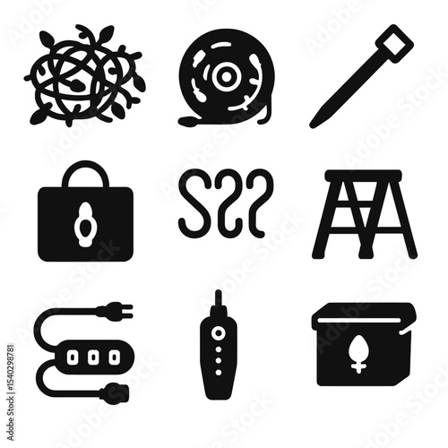 Holiday Lights Storage Icons. Solid, filled icons set of storing holiday lights: tangled lights, light reel,