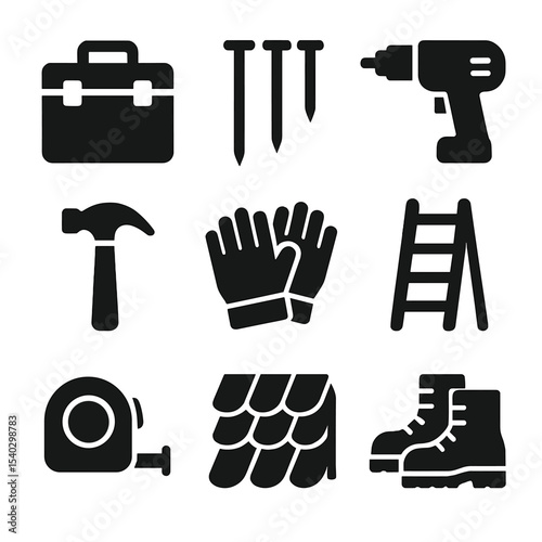 Home Improvement Icons. Solid, filled icons set of home improvement essentials: toolbox, nails, drill, hammer,