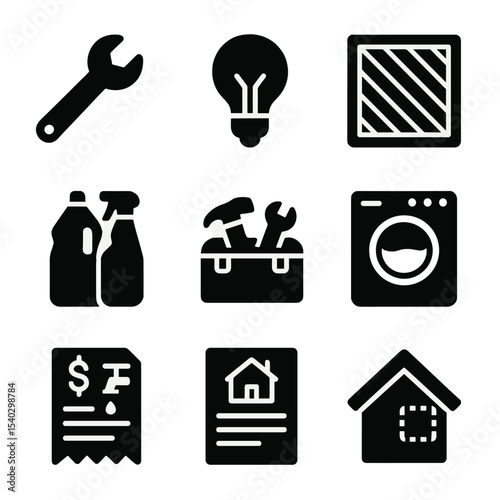 Home Maintenance Icons. Solid, filled icons set of home maintenance budgeting: repair wrench, light bulb, air
