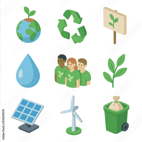 Environmental Icon Set. Isometric Flat icon set of environmental activism: globe with sapling, recycle symbol, protest banner,