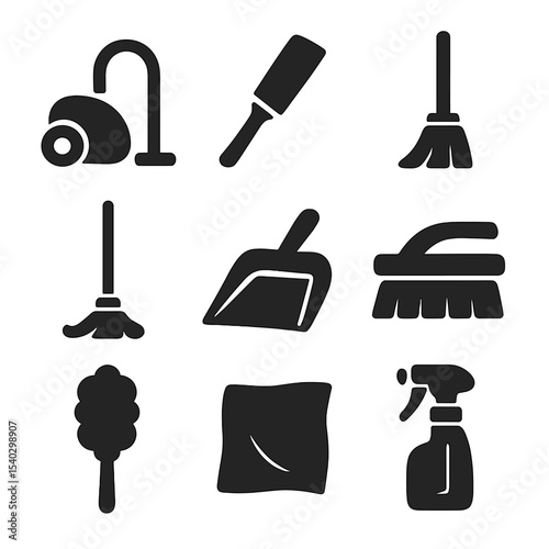 Household Cleaning Icons. Solid, filled icons set of household cleaning tools: vacuum cleaner, lint roller,