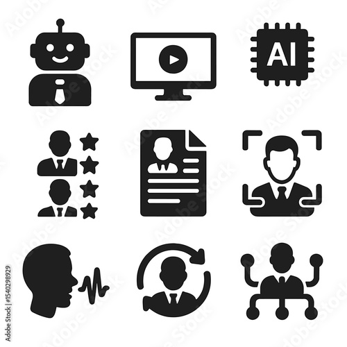 HR Tech Icons. Solid, filled icons set of automated interview systems: interview bot, video interview, AI