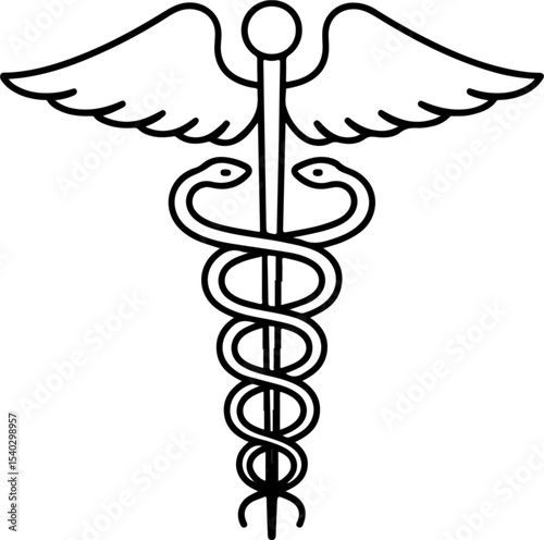 Caduceus Medical Symbol Black and White Line Art Graphic Illustration Healthcare Icon Wings Snakes Staff Rod