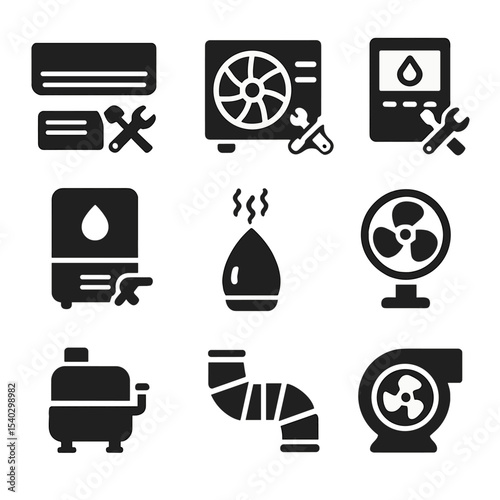 HVAC Appliance Icons. Solid, filled icons set of HVAC appliance repair: air conditioner, heat pump, thermostat