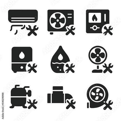 HVAC Appliance Icons. Solid, filled icons set of HVAC appliance repair: air conditioner, heat pump, thermostat