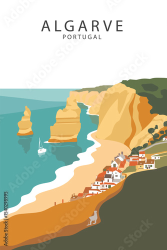 Vector coastal view of Algarve with seaside village, cliffs and turquoise water in a sunny and stylized landscape