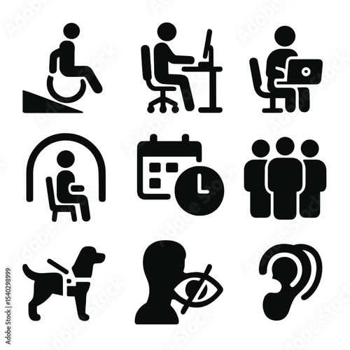 Inclusive Office Icons. Solid, filled icons set of office inclusivity: ramp access, ergonomic workspace,