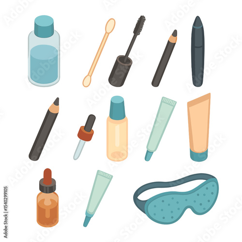Eye Makeup Essentials. Isometric Flat icon set of eye makeup removal essentials: eye makeup remover bottle, cotton swab, mascara
