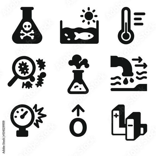 Industrial Corrosion Icons. Solid, filled icons set of industrial corrosion sources: acidic fluid, saltwater
