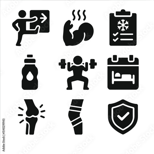 Injury Prevention Icons. Solid, filled icons set of athletic injury prevention: stretch guide, warm muscle