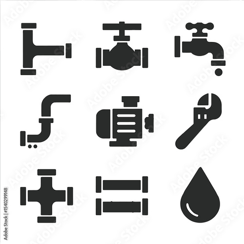 Industrial Water Icons. Solid, filled icons set of industrial water systems: water pipe, valve icon,