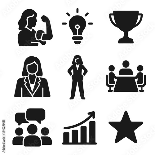 Inspiring Women Icons. Solid, filled icons set of inspiring women in business: strong woman, lightbulb, trophy