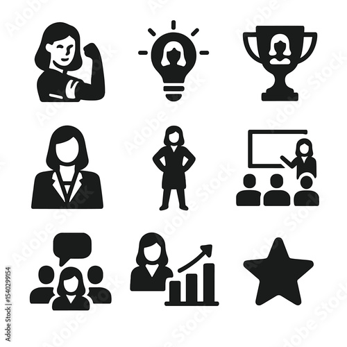 Inspiring Women Icons. Solid, filled icons set of inspiring women in business: strong woman, lightbulb, trophy