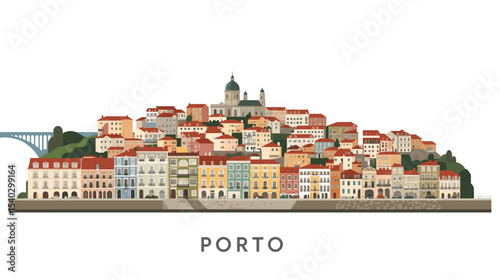 Flat vector view of Porto city in Portugal with colorful traditional buildings and iconic domed church on a white background