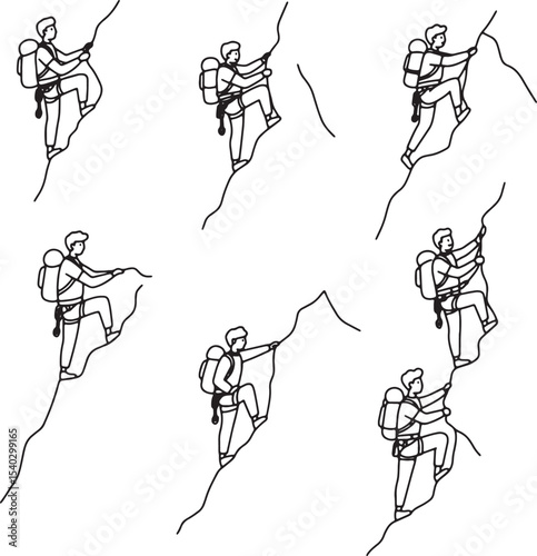 Continuous Line Drawing Climbers Scaling Mountain Seamless Pattern for Outdoor Adventure Designs