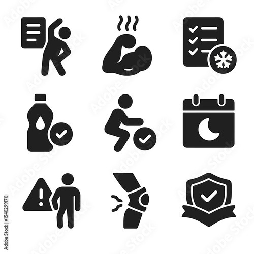 Injury Prevention Icons. Solid, filled icons set of athletic injury prevention: stretch guide, warm muscle