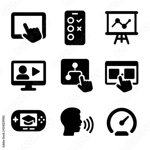 Interactive Learning Icons. Solid, filled icons set of interactive learning tools: touchscreen tablet, quiz