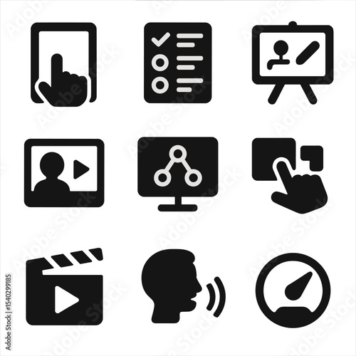Interactive Learning Icons. Solid, filled icons set of interactive learning tools: touchscreen tablet, quiz