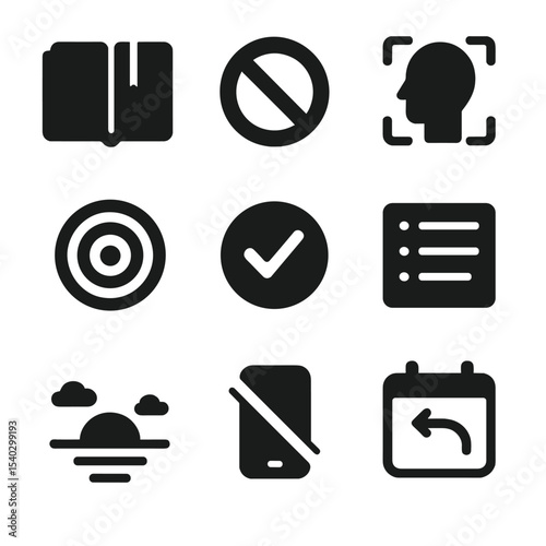 Intentional Time Icons. Solid, filled icons set of intentional time use: analog planner, “no” icon, focus zone