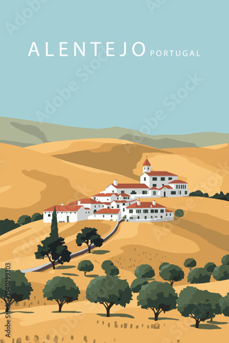 Flat vector illustration of Alentejo village with white church, rolling yellow hills, olive trees and cypress trees under a bright blue sky