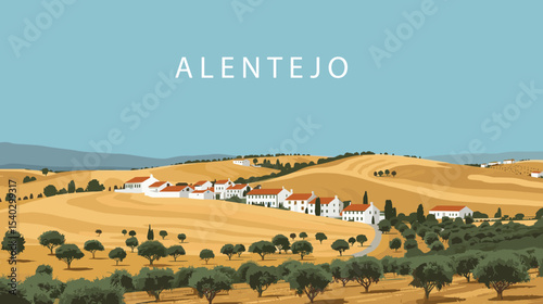 Vector landscape of Alentejo, Portugal, showing golden hills, white houses with red roofs, olive trees and clear blue sky in a flat and minimalist style