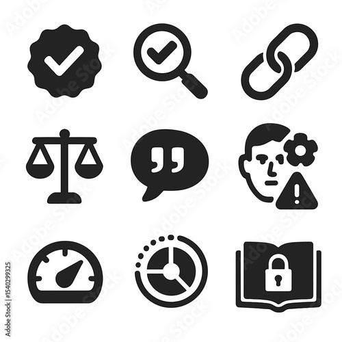 Journalism Ethics Icons. Solid, filled icons set of journalism ethics and tech: verified badge, fact-check