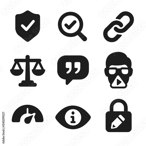 Journalism Ethics Icons. Solid, filled icons set of journalism ethics and tech: verified badge, fact-check