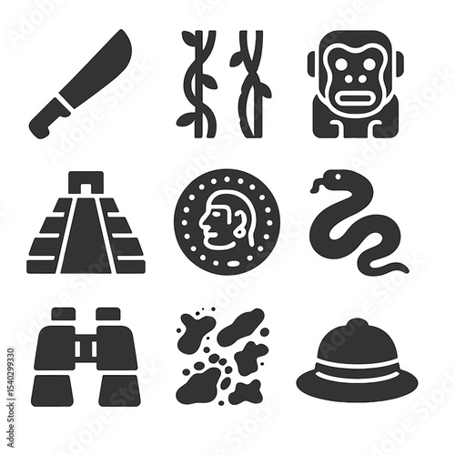 Jungle Adventure Icons. Solid, filled icons set of jungle exploration games: machete, jungle vines, monkey