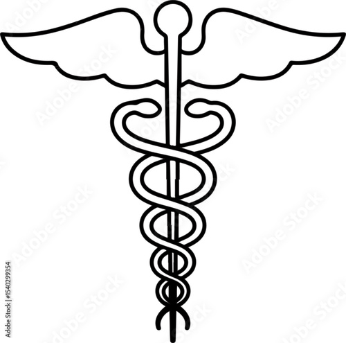 Caduceus Medical Symbol Black and White Line Art Graphic Illustration Healthcare Icon