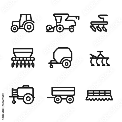 Farm Machinery Icons. Outline icon set of farm machinery: tractor, combine harvester, plow, seed drill, baler, cultivator, sprayer