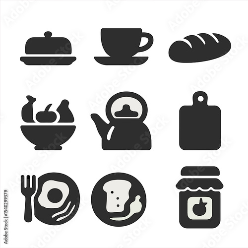 Kitchen Icon Set. Solid, filled icons set of home kitchen scene: butter dish, coffee cup, bread loaf, egg cup,