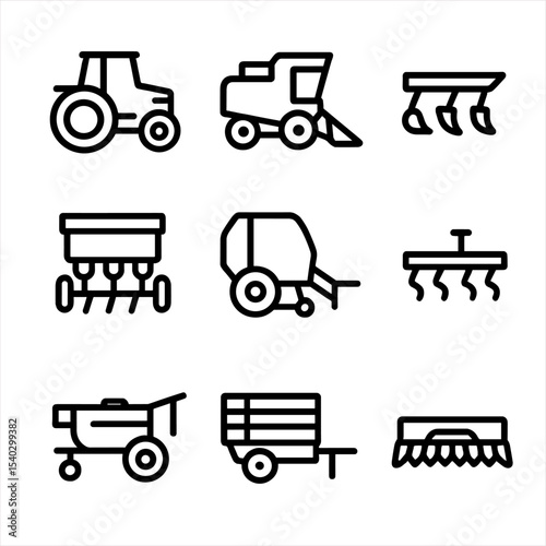 Farm Machinery Icons. Outline icon set of farm machinery: tractor, combine harvester, plow, seed drill, baler, cultivator, sprayer
