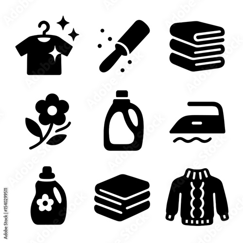 Laundry Freshness Icons. Solid, filled icons set of laundry freshness: clean laundry, lint roller, soft towels
