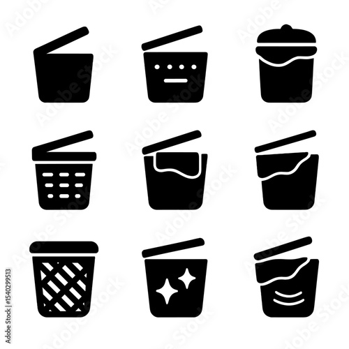 Laundry Hamper Icons. Solid, filled icons set of laundry hamper lid: hamper icon, hinged lid, fabric basket,