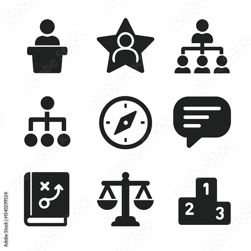 Leadership Icon Collection. Solid, filled icons set of leadership and decision-making: podium icon, leader