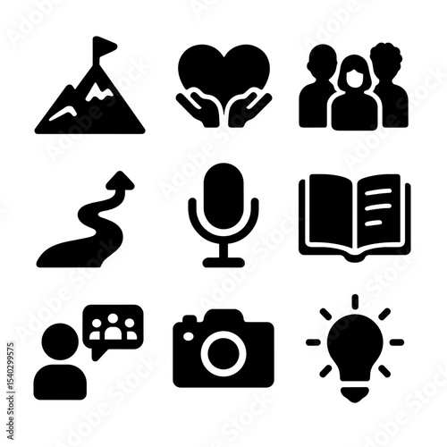 Life Challenges Icons. Solid, filled icons set of life challenges and resilience: mountain icon, empathy heart
