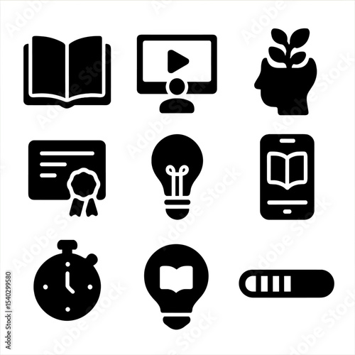 Learning Icons Grid. Solid, filled icons set of continuous learning and self-improvement: open book, online