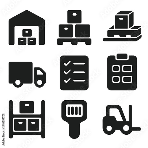 Logistics Icons Grid. Solid, filled icons set of storage logistics and planning: warehouse icon, stacked boxes