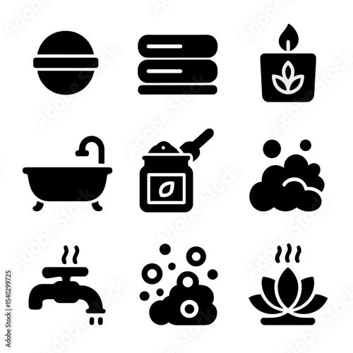 Luxurious Spa Icons. Solid, filled icons set of luxurious home spa: bath bomb, towel stack, scented candle,